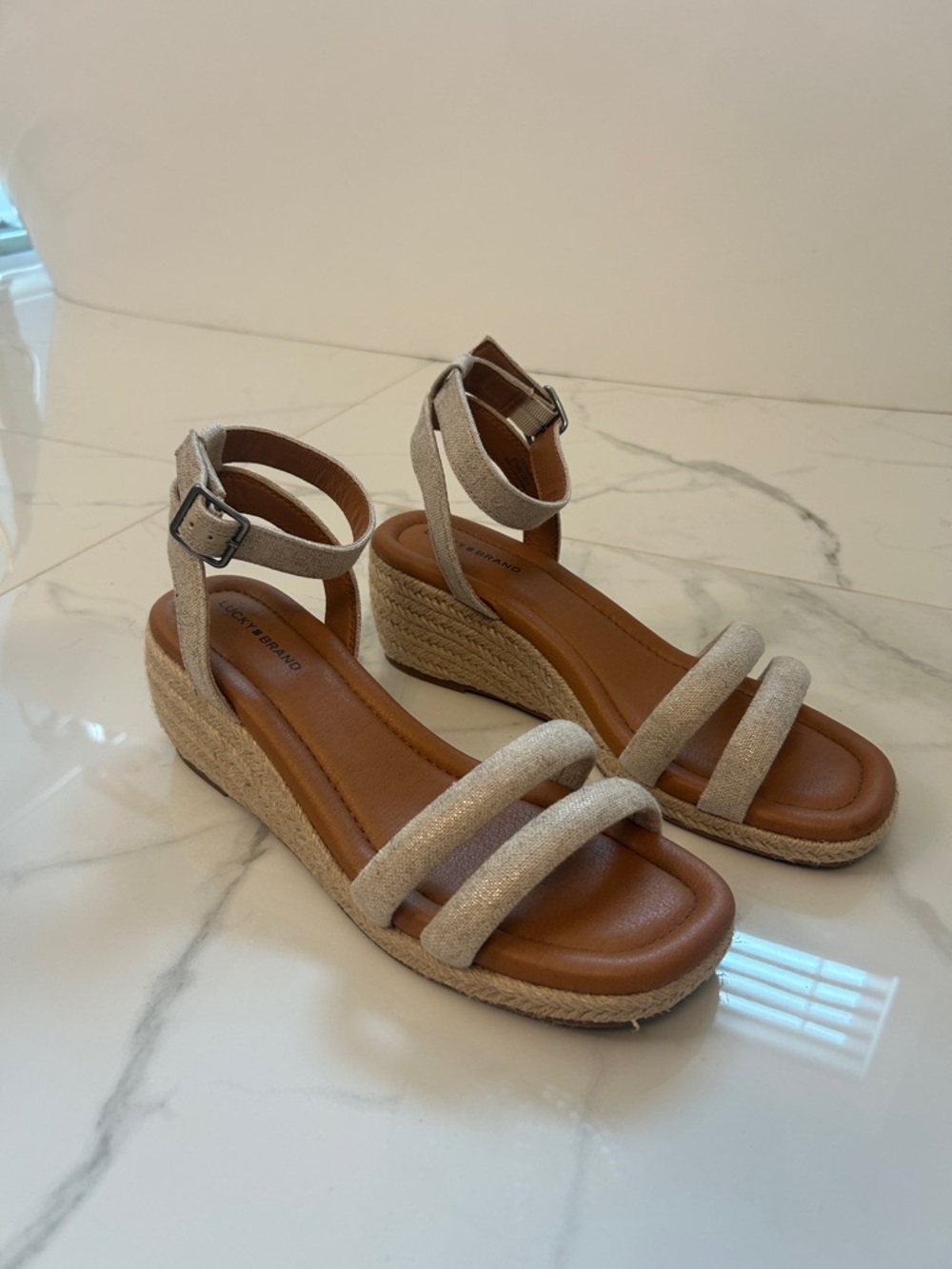 Lucky Brand Beige/Tan Espadrille Wedge Sandals with Ankle Strap